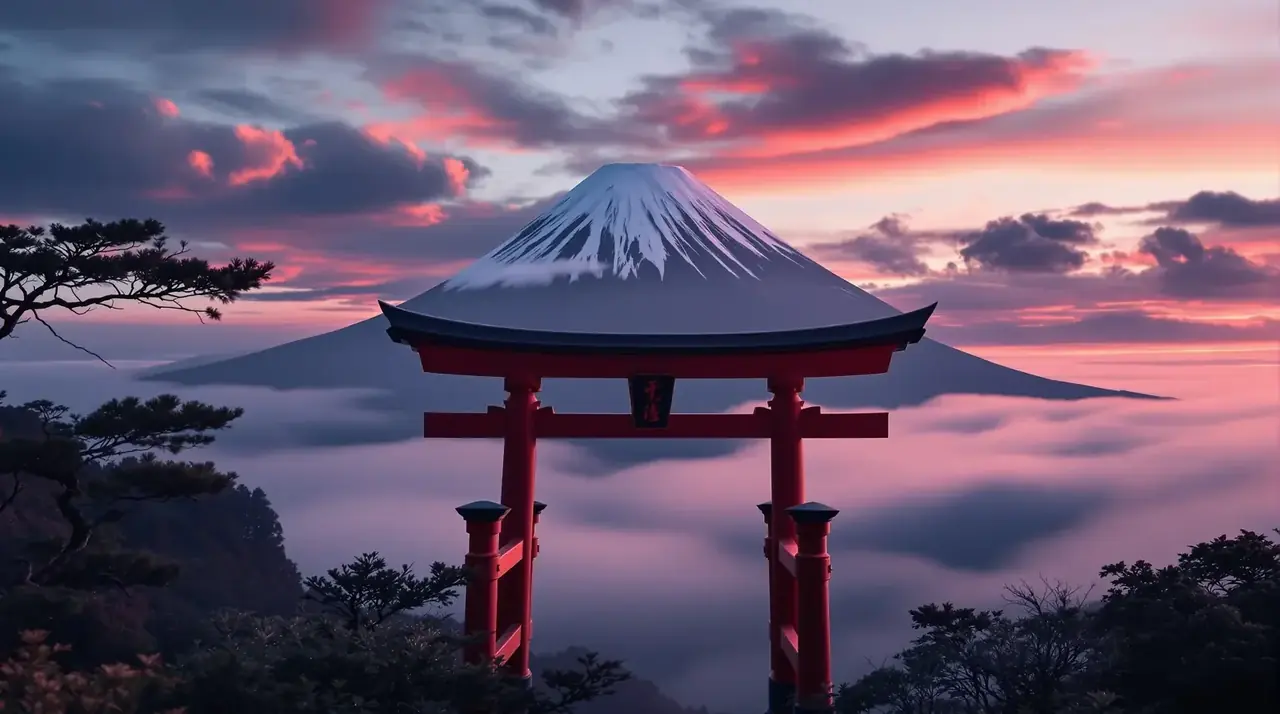 日本a视频杂志封面，朱红鸟居与富士山
